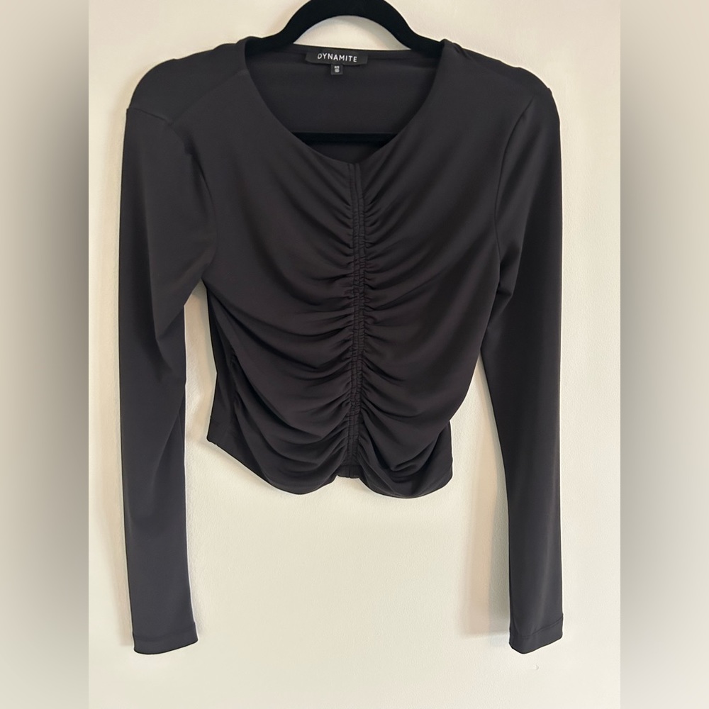 Dynamite Cinch Front Long Sleeve Crop Top